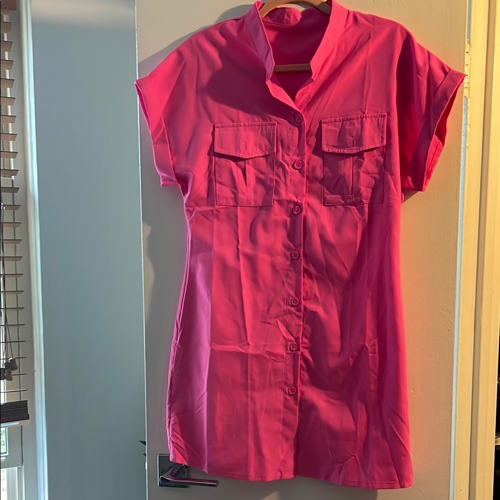 SHEIN Hot Pink Button-Up Poplin Shirt Dress